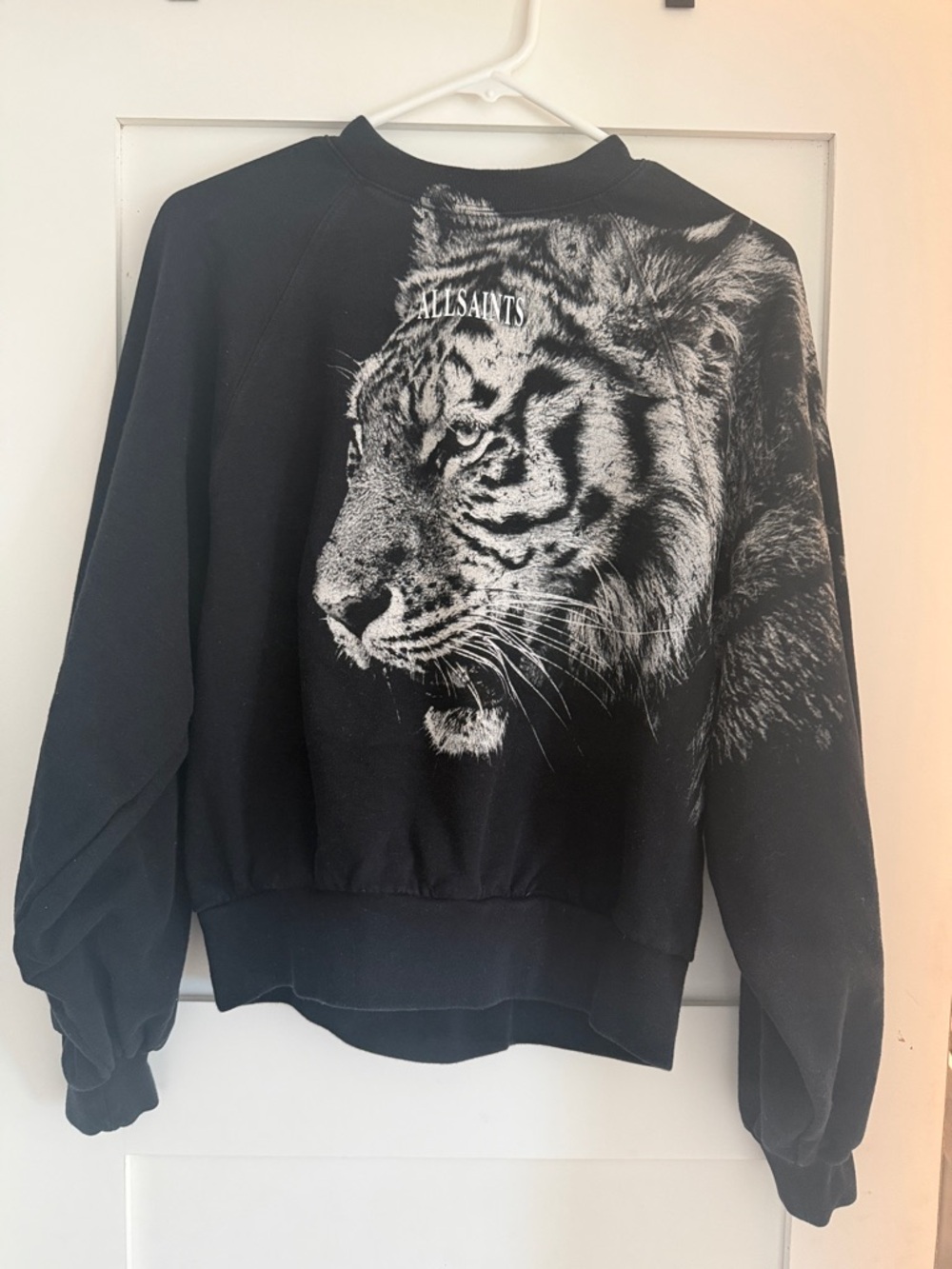 All Saints Black Crewneck Sweatshirt with Large White Tiger Print